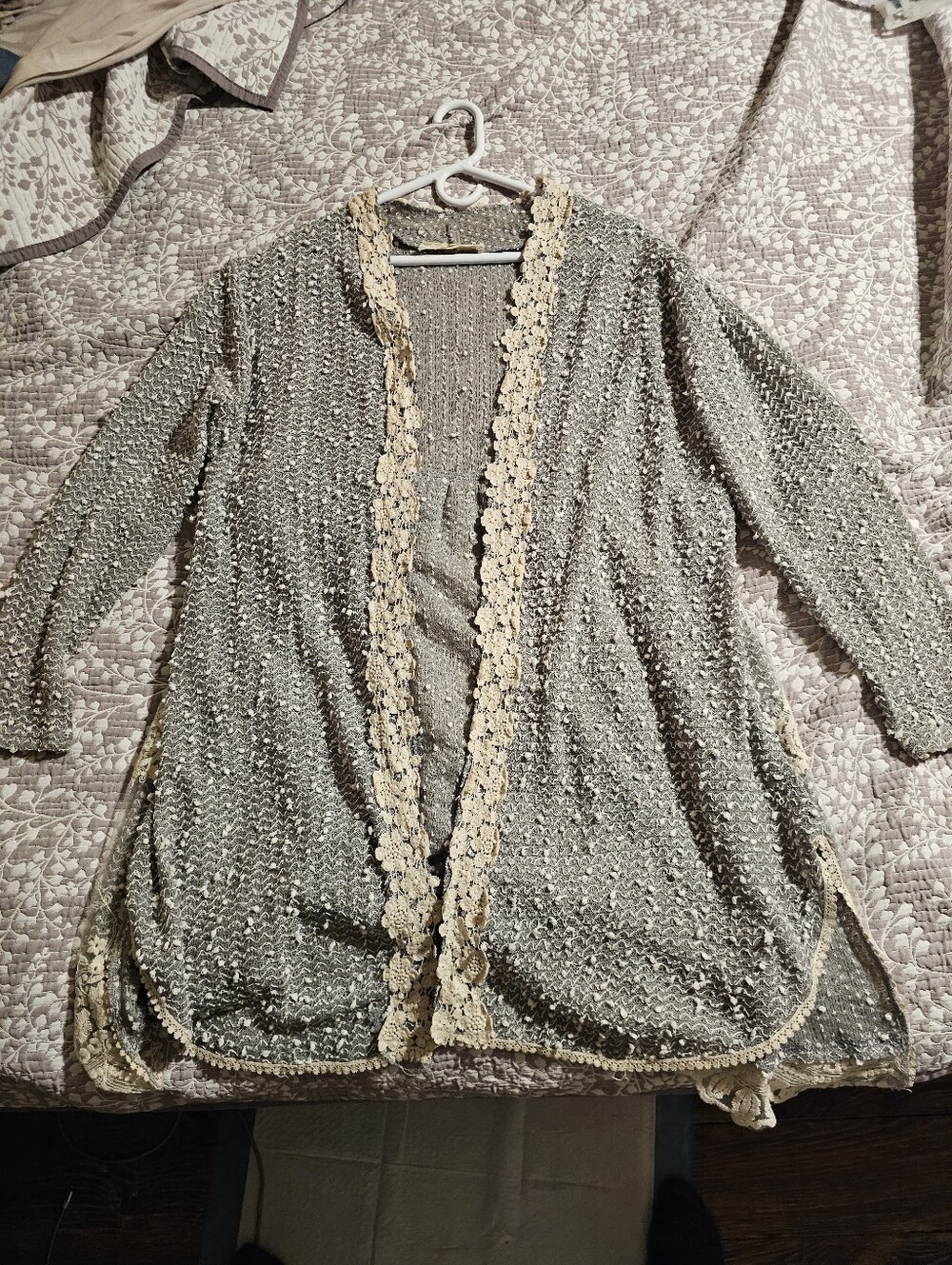Grey Crochet-Trim Lace Open Cardigan Sweater